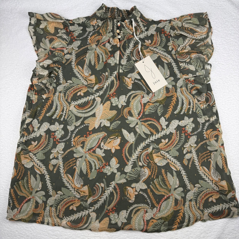 Joie Blouse Women Large Green Floral Metallic Boho Smocked Ruffle Sleeve Top NWT